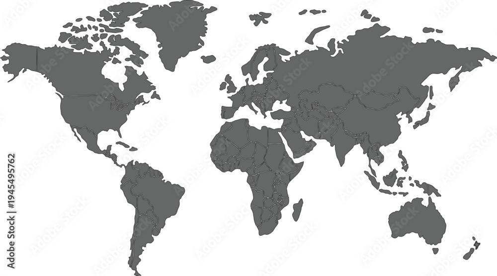 Obraz premium Simple Grey World Map with Country Borders on Light Background