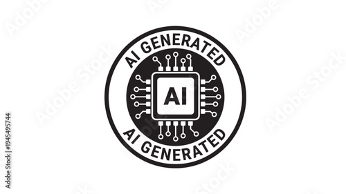 Chip computer icon with "AI GENERATED" text in a circle, symbolizing artificial intelligence creation and digital technology innovation.