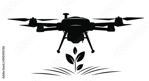 Black silhouette of a drone flying over green plant life