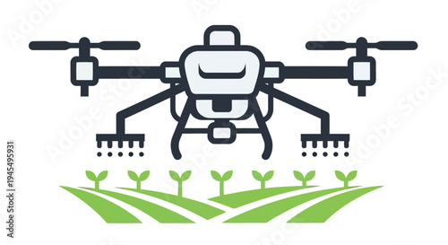 Agricultural drone spraying crops in a green field technological farming illustration