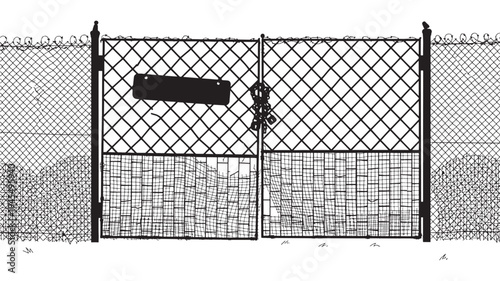 Chain link fence gate with barbed wire and a blank sign, representing security and restriction in a black and white illustration.