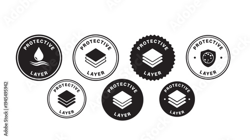 Protective layer icons showing waterproof, multi layer, and shield symbols in black and white circles.