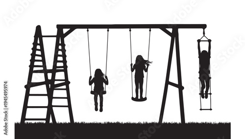 Silhouettes of children playing on a swing set with a climbing ladder, enjoying outdoor recreation. featuring playground, kids, silhouette with fun