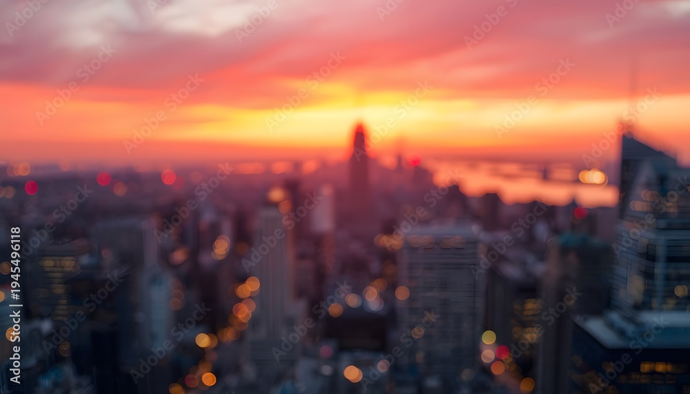Fototapeta premium Blurred Aerial City Skyline Sunset Orange Pink Sky Urban Bokeh Background. Modern blurred background photo for banner, poster or magazine and website background.