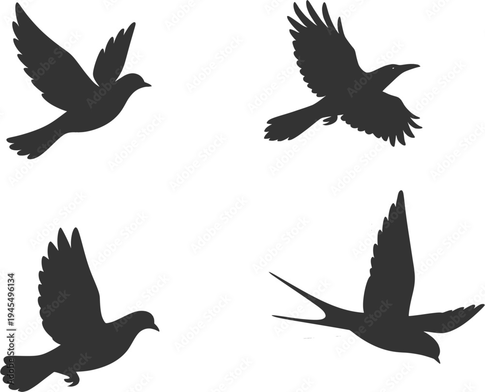 Obraz premium Bird Silhouette Bundle Vector, Collection of Flying Birds Black Silhouette Icons Set