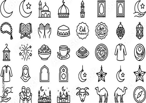 Islamic Outline Icon Bundle Vector, Collection of Muslim Religious Line Icons Set