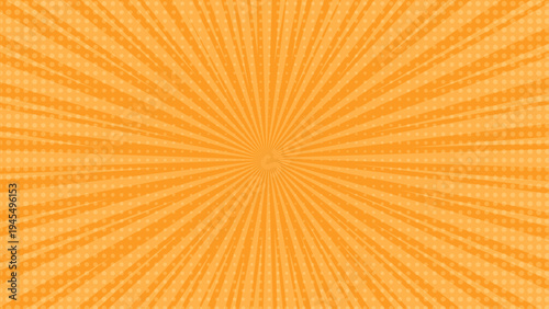 Orange Pop Art Sunburst Background with Halftone Dots and Radial Rays Retro Comic Style Burst Pattern for Vintage Poster Banner Advertising and Dynamic Graphic Design