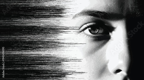 Closeup of a womans eye with a black and white abstract background effect