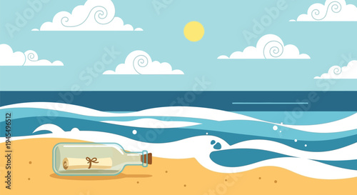 Vector illustration of a message in a bottle on a beach