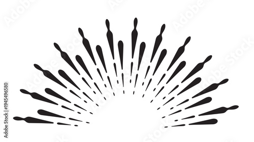 Sunburst radial burst element with black abstract splatters spreading outwards on a white background, graphic design