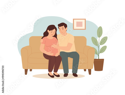 Expecting couple sitting on a sofa, touching the pregnant belly with warmth and affection. Cozy home scene in flat cartoon style, representing family love, parenthood, maternity and emotional bonding.
