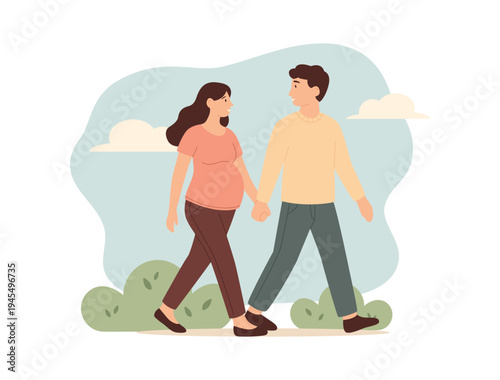 Happy couple walking outdoors, holding hands. Pregnant woman and her partner enjoying a warm and peaceful moment together. Flat cartoon illustration with soft colors, family love, parenthood, support 
