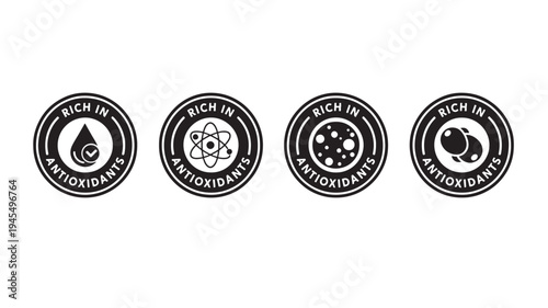 Four black circular antioxidant icons with different internal symbols representing nutrients and health benefits, perfect for product labeling.