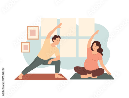 Expecting couple practicing yoga together at home. Pregnant woman doing a gentle seated stretch while her partner performs a standing side stretch. Cozy interior in flat cartoon style, showing prenata