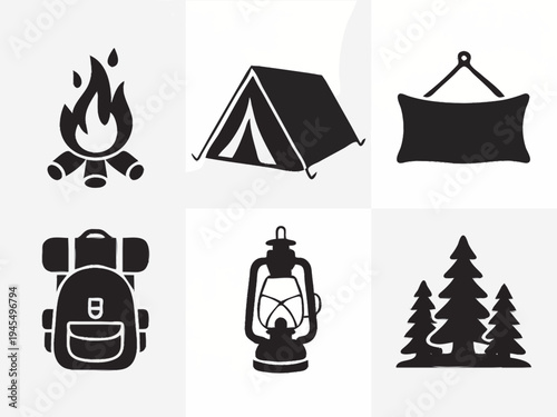 Camping and Outdoor Adventure Silhouette Icon Set