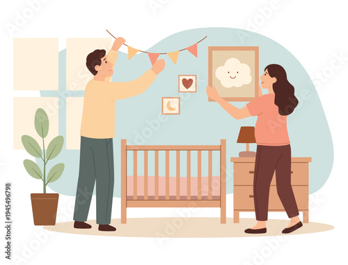Pregnant woman and her partner decorating a nursery, preparing the room for their baby. Cozy interior with crib, garland and soft colors, showing family bonding, anticipation, maternity and parenthood