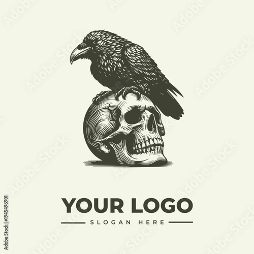 A detailed illustration of a raven perched on a human skull with a vintage engraving style, accompanied by a logo and slogan placeholder in a bold, monochromatic design against a plain