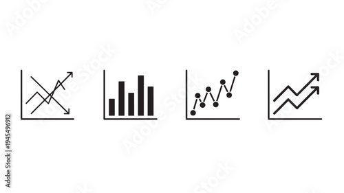 Graphs set with line charts, bar charts, and scatter plots illustrating upward and downward trends with arrows and data points.