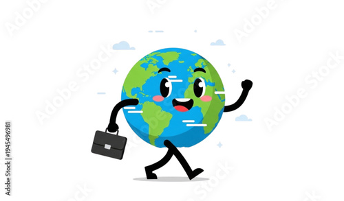 A cheerful cartoon globe character walking with a briefcase in hand