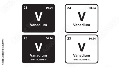 Vanadium element symbol and information with atomic number, name, and atomic mass displayed in black and white square icons