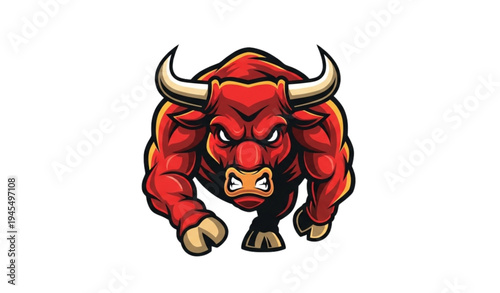 A muscular red bull with horns in a powerful stance