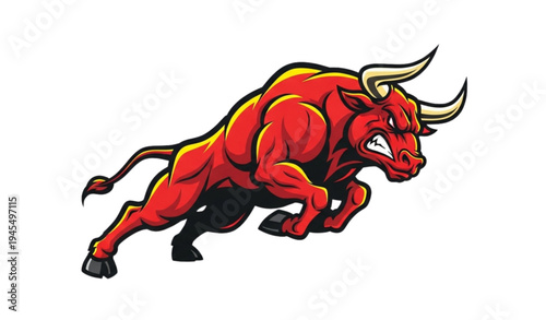 A muscular red bull with yellow horns in a charging position