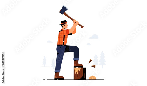 A cartoon lumberjack in an orange shirt swings an axe in a forest