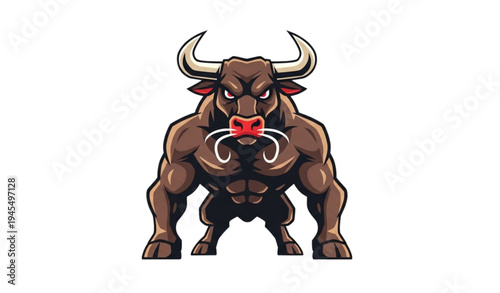 A muscular cartoon bull with a fierce expression and prominent horns
