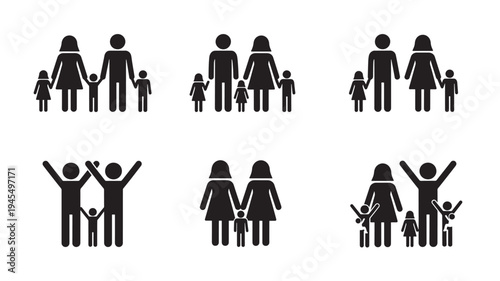 Families stick figure icons with parents and children holding hands in diverse arrangements, representing unity and togetherness.