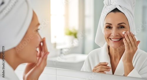 Woman Applying Anti-Aging Cream in Bathroom Mirror