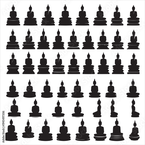 Large collection of meditating Buddha silhouettes for spiritual design
