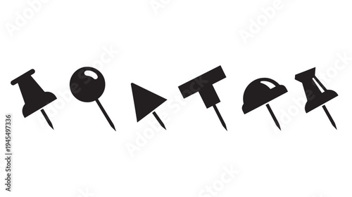 Pushpins set in different shapes and styles, isolated on a white background, creating a graphic design element.