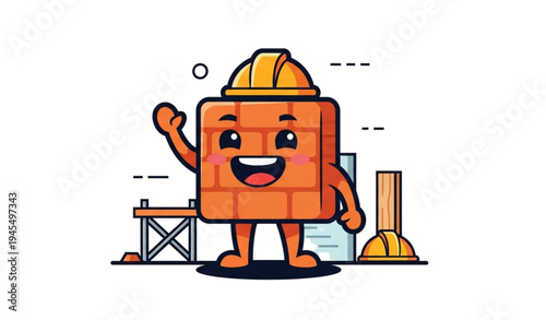 A cheerful cartoon brick character wearing a hard hat and standing in a construction site