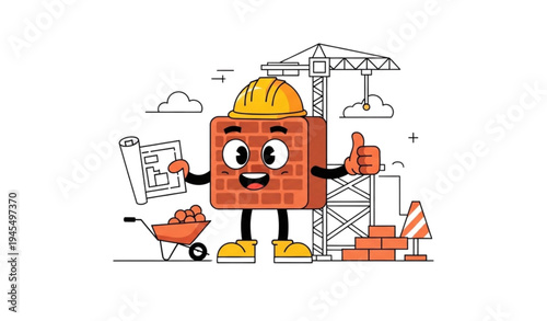 A cartoon brick character in a construction site with a hard hat and blueprint