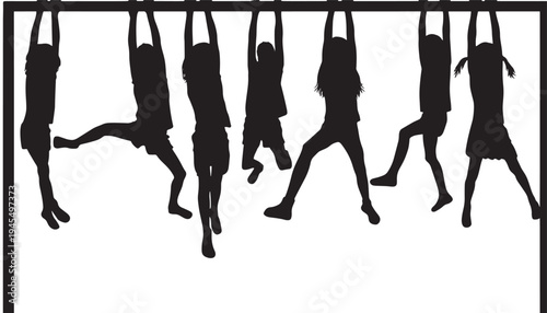 Children silhouettes hanging from a horizontal bar, enjoying playground activities on a bright white background.