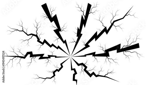 A black and white vector graphic illustration of lightning bolts radiating from a central point