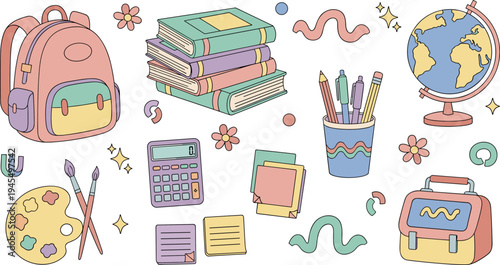Cute colorful school supplies collection with backpack books globe calculator pencils and stationery elements isolated educational vector illustration set