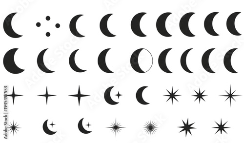 A collection of moon phases and star icons in a minimalist vector design