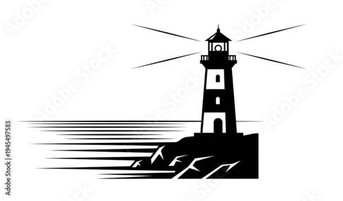 A minimalist black and white vector illustration of a lighthouse on a rocky coastline