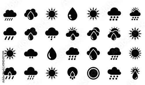 A set of black and white weather icons for forecasting and design