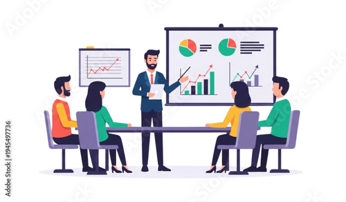 A group of business professionals engaged in a meeting with a presenter