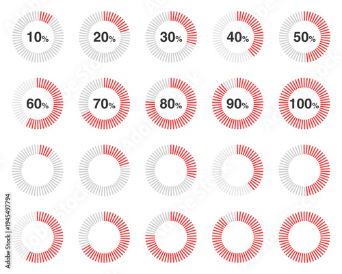 Minimal flat vector red donut chart progress indicator set 10–100 percent, circular data visualization rings, infographic dashboard UI elements isolated on light background