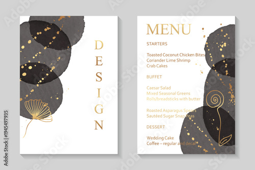 Modern abstract design with black watercolor circle stains and golden splashes.Wedding invitations, greeting and business cards, rsvp templates.