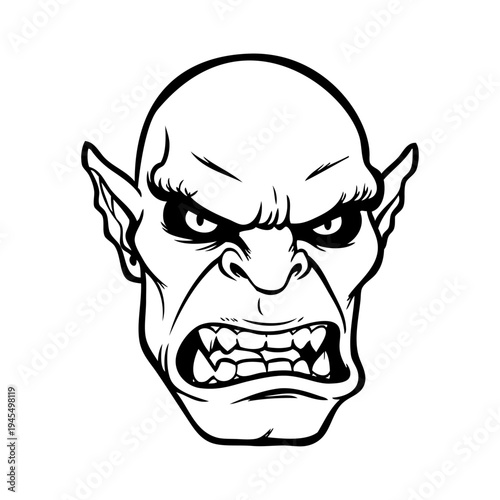 Cabeza de criatura fantástica. Dibujo sencillo con líneas de la cabeza de un orco enojado