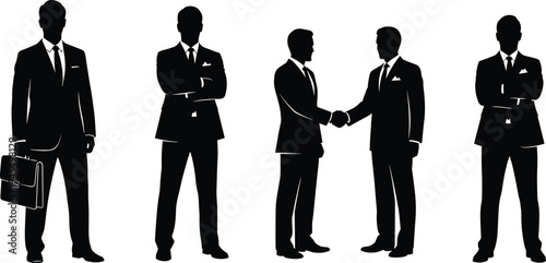 Business man silhouette set cad drawing flat vector illustration featuring professional male executives shaking hands and posing with briefcase isolated.