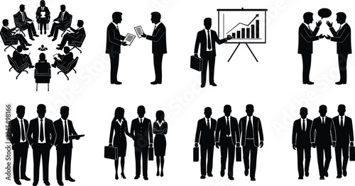 Business meeting and presentation silhouette set cad drawing flat vector illustration featuring professional team collaboration and corporate financial success growth isolated.