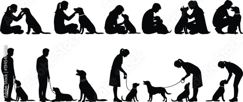 Dog interaction silhouettes, human pet outline, training figure design, walking icon illustration, companionship motif, playful affection art