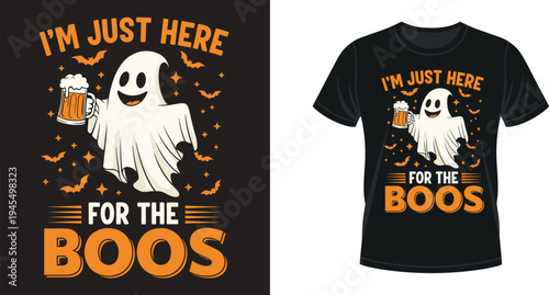 Halloween ghost beer design, funny party t-shirt, spooky cartoon figure, festive drink icon, humorous seasonal illustration, adult celebration motif