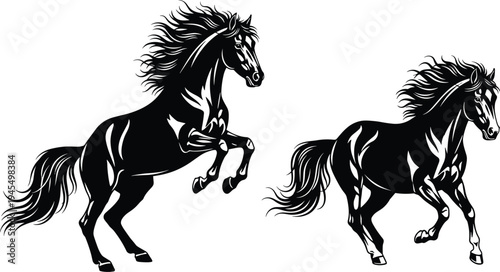 Horse silhouette collection, rearing posture outline, galloping figure design, flowing mane icon, equestrian motion illustration, animal strength art motif