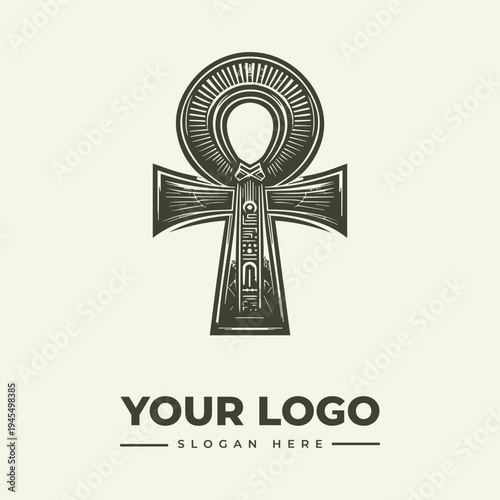 A vintage-style woodcut illustration of an ankh symbol with a circular top, accompanied by a logo placeholder and slogan on a beige background.